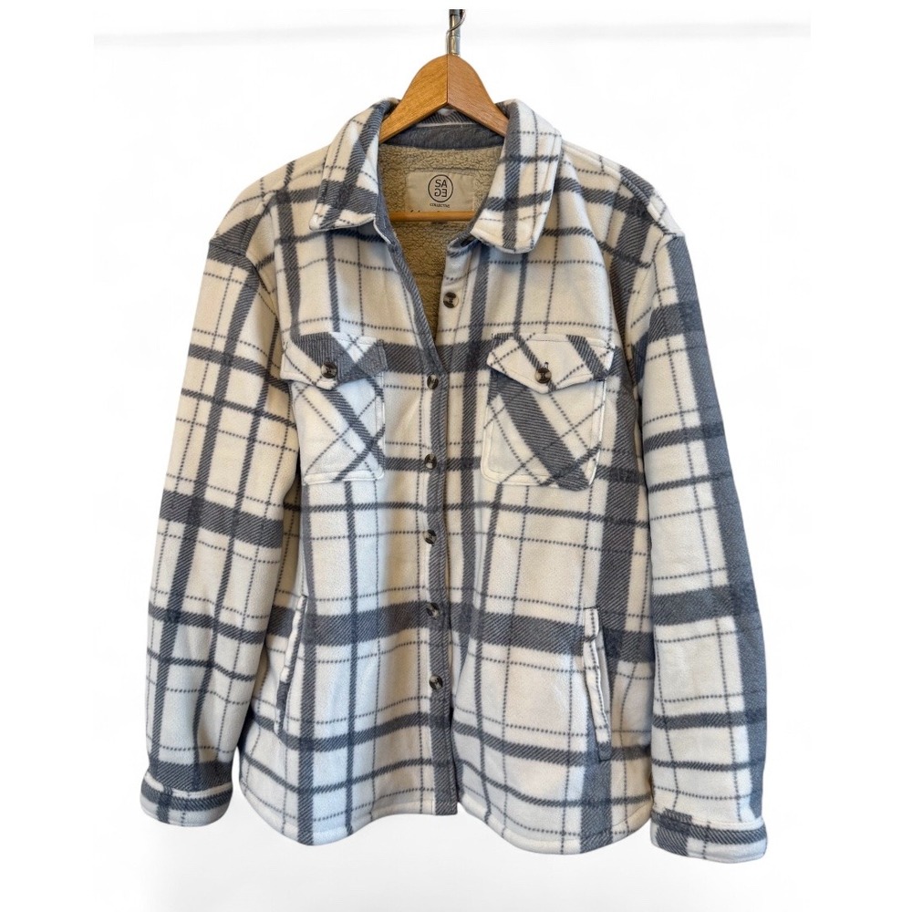 Women's SAGE White‎ and Gray Fleece/Flannel Plaid Faux Fur Lined Size L Shacket